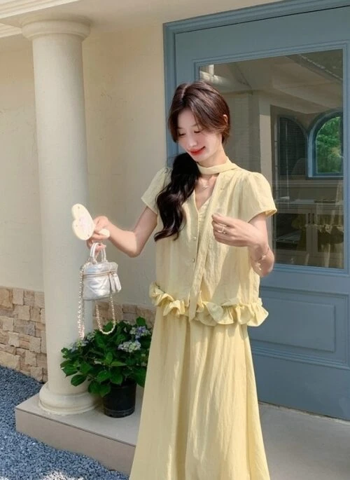 Yellow Ruffled Fashion Skirt And Top Set