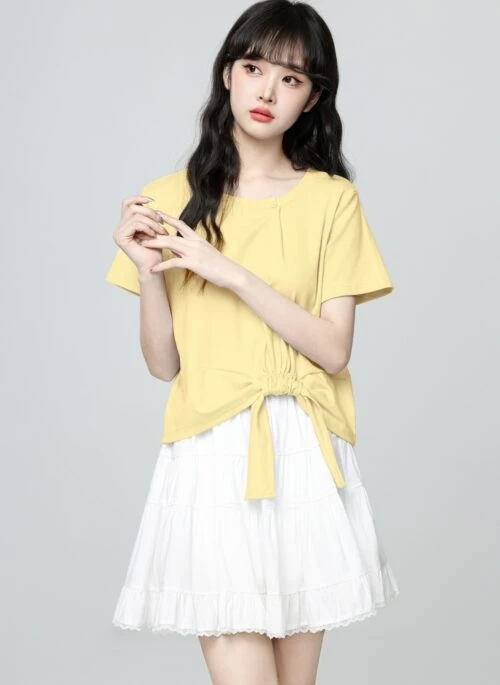 Yellow Short Sleeve Irregular Design Tie Top