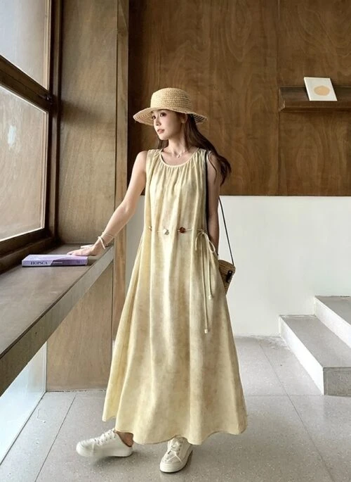 Yellow Tie Dye Sleeveless Waist Slimming Maxi Dress