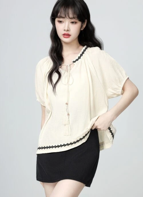 Apricot Tie Neck Puff Sleeve Loose Ethnic Blouse