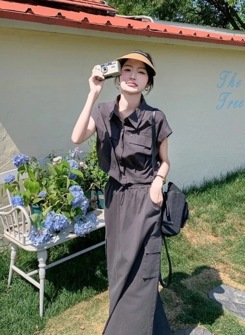 Ash Grey Utility Style Shirt And Skirt Set