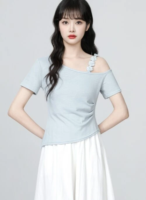 Asymmetrical Off Shoulder Blue Short Sleeve Top