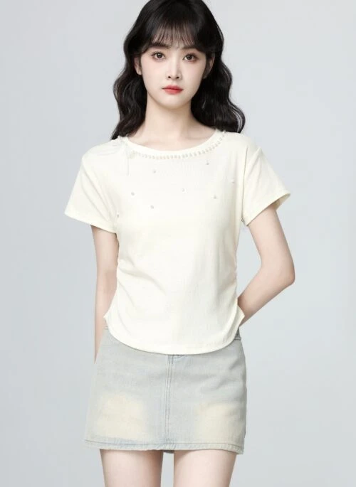 Beaded Lace Bow Slim Fit Short Sleeve Top