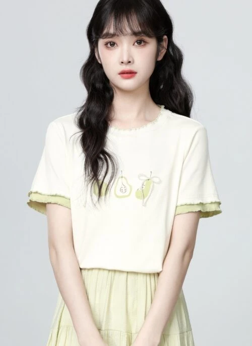 Beige Contrast Ruffle Trim Crew Neck Short Sleeve Tee