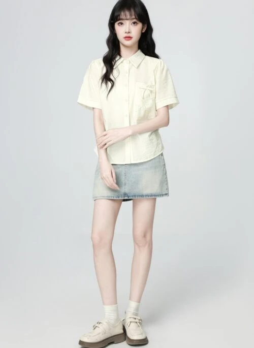 Beige Polo Collar Short Sleeve Bow Blouse