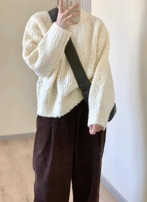 Beige Round Neck Winter Sweater | Pyo Nam Kyung - Resident Playbook