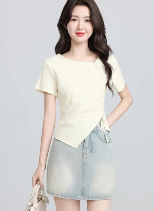 Beige Ruched Floral Short Sleeve Top