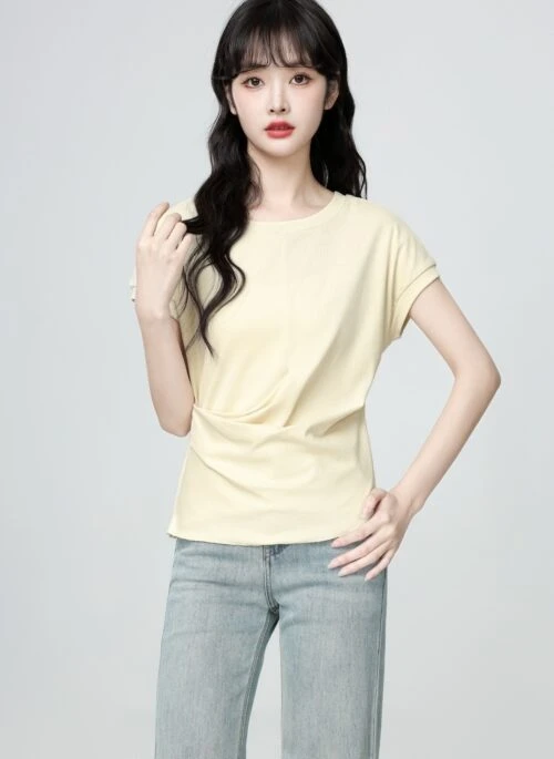 Beige Ruched Waist Irregular Short Sleeve Top