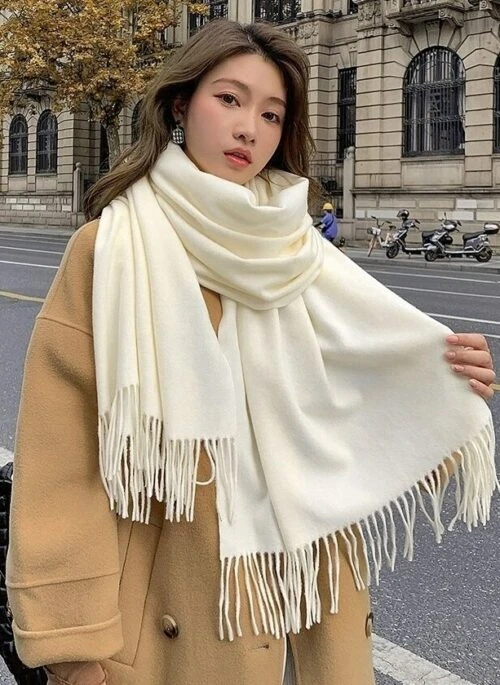 Beige Winter Tassel Scarf | Tak Gi On - Resident Playbook