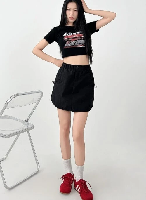 Black Elastic Waist A Line Casual Mini Skirt