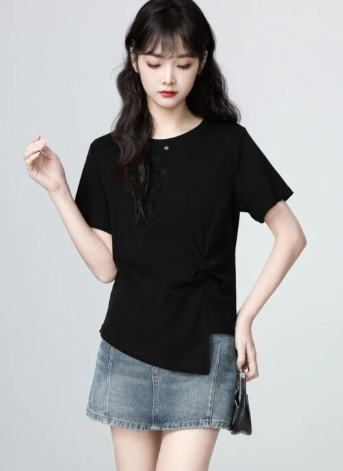 Black Ruched Short Sleeve Slim Fit Top