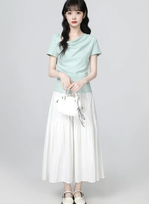 Blue Asymmetrical Neck Slim Fit Short Sleeve Top