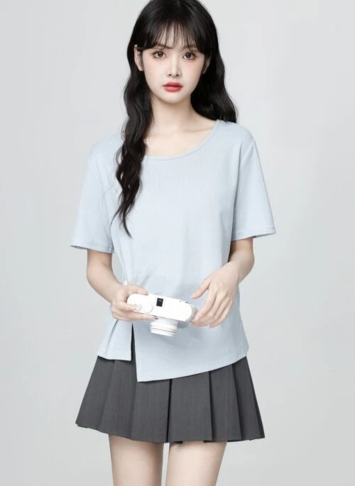Blue Crew Neck Short Sleeve Irregular Hem Top