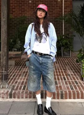 Blue Distressed Knee-Length Denim Shorts | LeeKnow – Stray Kids