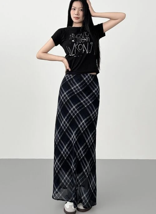Blue Plaid Chiffon Mermaid Midi Skirt