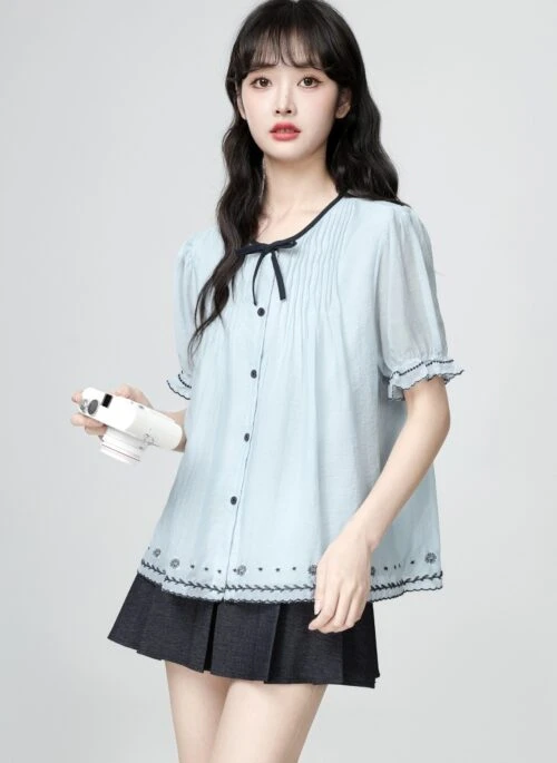 Blue Puff Sleeve Loose Fit Short Sleeve Shirt