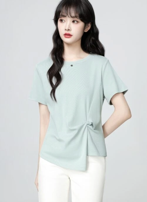 Blue Ruched Crewneck Short Sleeve Irregular Top