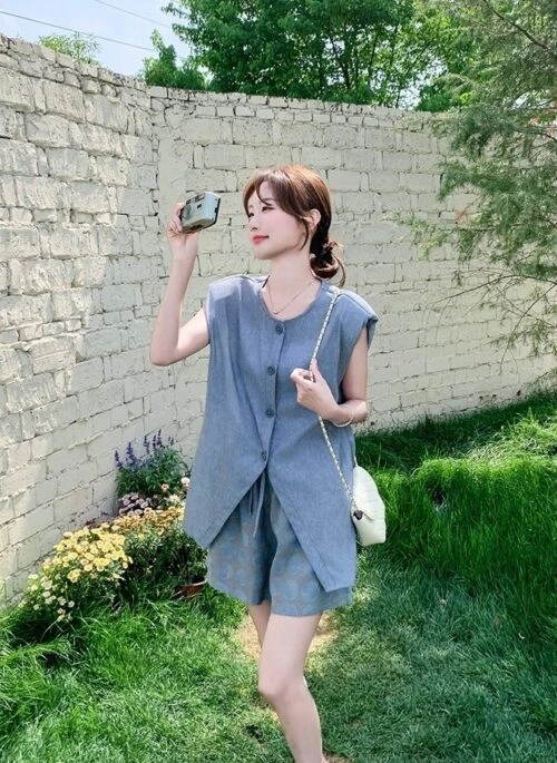 Casual Sleeveless Shirt And Shorts Set
