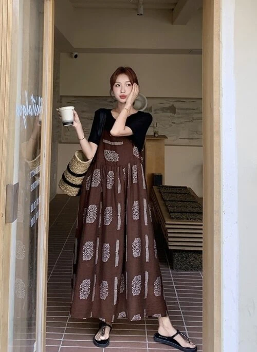 Chic Summer Print Patchwork Dress And Tee Set