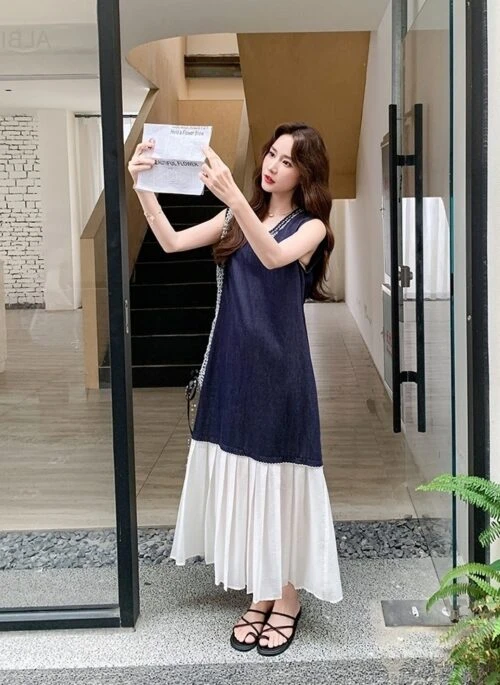 Color Block Sleeveless Maxi Dress Summer Elegant Style