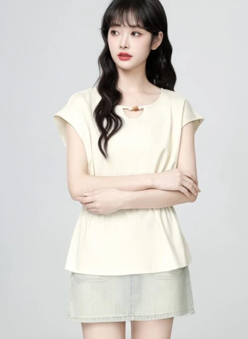 Cream Hollow Out Ruched Waist Short Sleeve Top