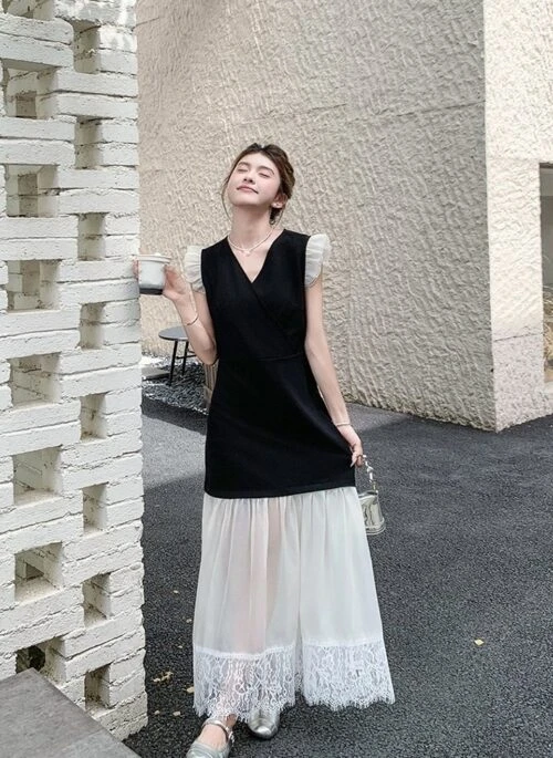 Elegant Black Lace Patchwork V Neck Long Dress