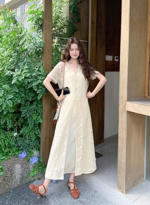 Elegant Lace Cardigan And Dress Set