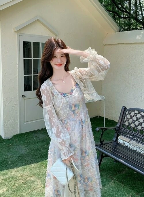 Elegant Lace Embroidered Cardigan And Jacquard Dress Set