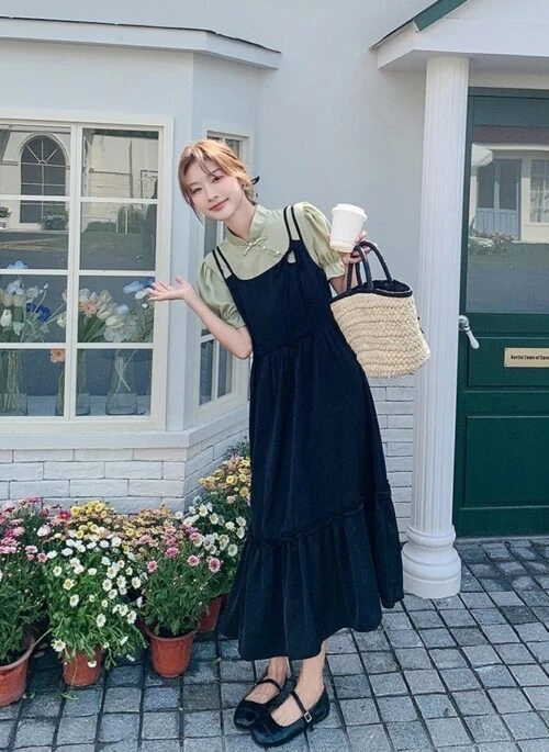 Elegant Ruffle Contrast Collar Puff Sleeve Midi Dress