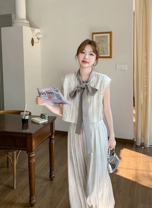 Elegant Striped Bow Top Wide Leg Pants Set