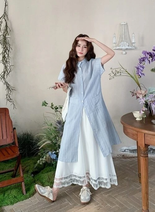 Elegant Summer Short Sleeve Blouse And Skirt Set