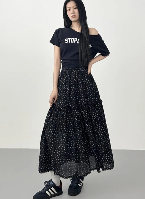 Floral Lace Ruffle Midi Skirt