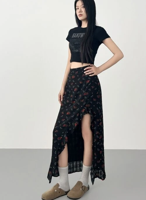 Floral Ruffled High Waist Slit Midi Skirt