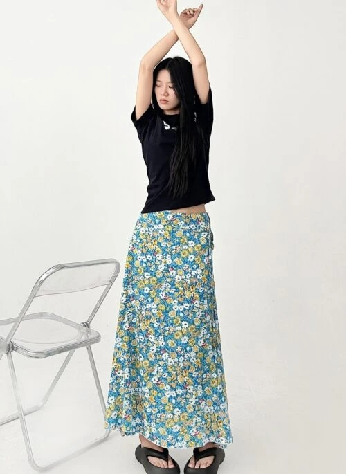 Floral Tie Waist Vacation A Line Midi Skirt