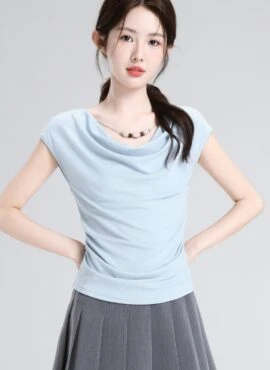 French Blue Beaded Short Sleeve Slim Fit Top