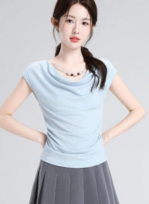 French Blue Beaded Short Sleeve Slim Fit Top