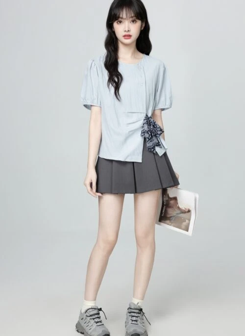 French Blue Puff Sleeve Bow Tie Short Blouse