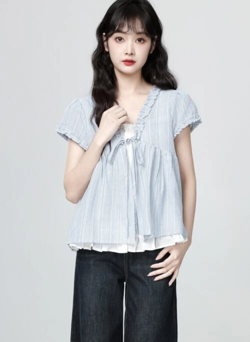 French Style Blue Ruffle V Neck Short Sleeve Blouse