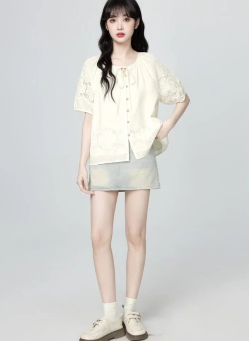 French Style Bow Tie Puff Sleeve Lace Blouse
