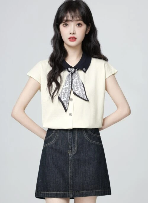 French Style Bowknot Scarf Short Sleeve Top