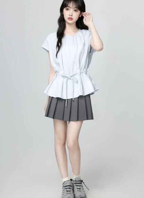 French Style Light Blue Short Sleeve Tie Waist Blouse
