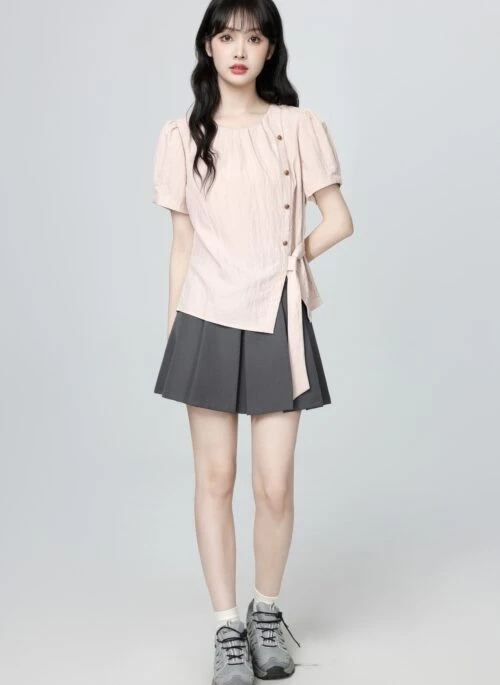 French Style Pink Puff Sleeve Tie Blouse