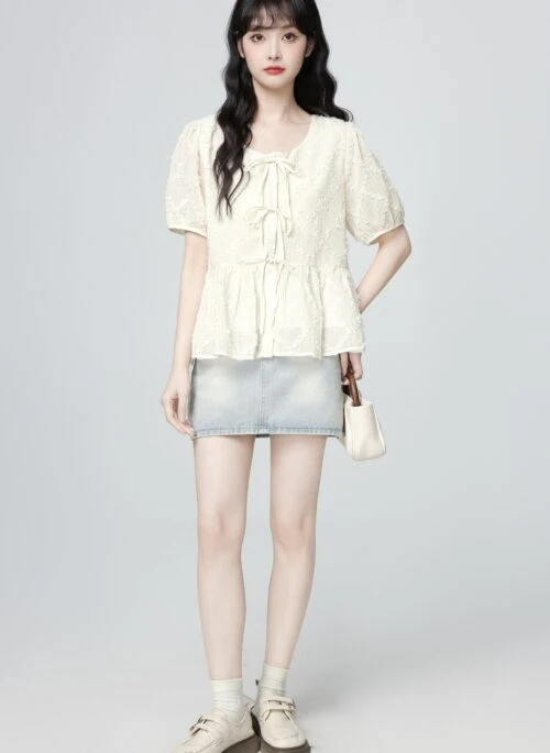 French Style Puff Sleeve Bow Tie Short Sleeve Blouse