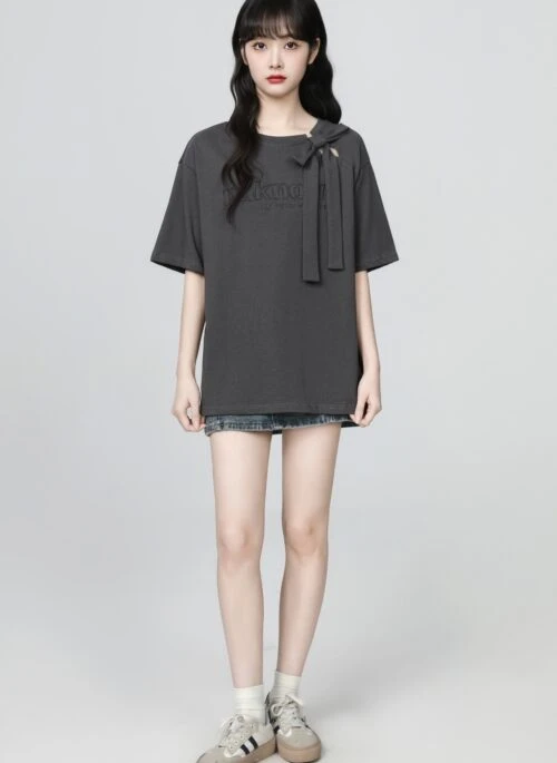 Gray Bow Tie Casual Short Sleeve T Shirt