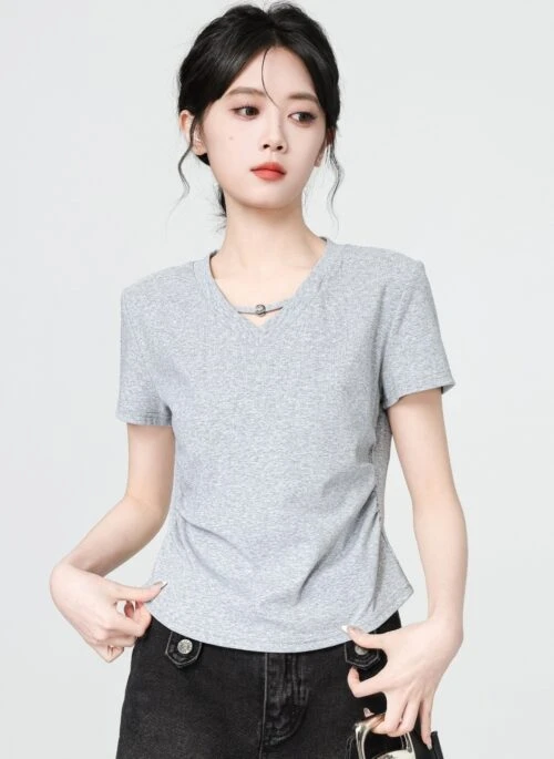 Gray Slim Fit V Neck Short Sleeve Top