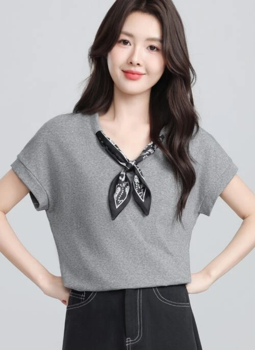 Gray V Neck Bow Tie Short Sleeve Top