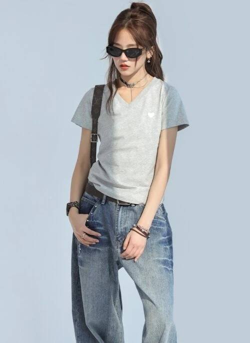 Heart Embroidered V Neck Short Sleeve Cooling Top