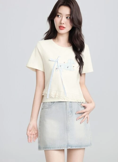 Lace Patchwork Short Sleeve Casual Top Ivory