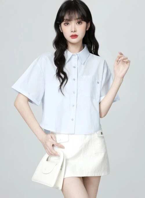 Light Blue Casual Polo Collar Short Sleeve Shirt