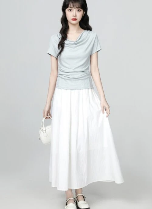 Light Blue Draped Neck Slim Fit Short Sleeve Top